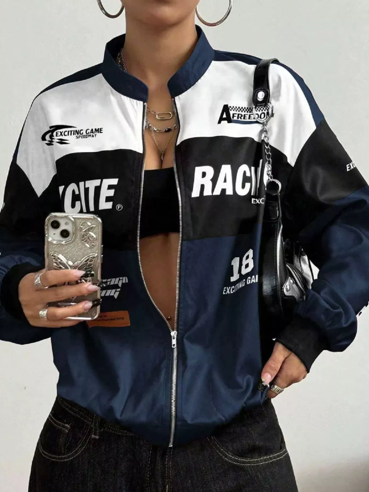 Letter Print Zip Up Jacket - Navy Blue - View 3