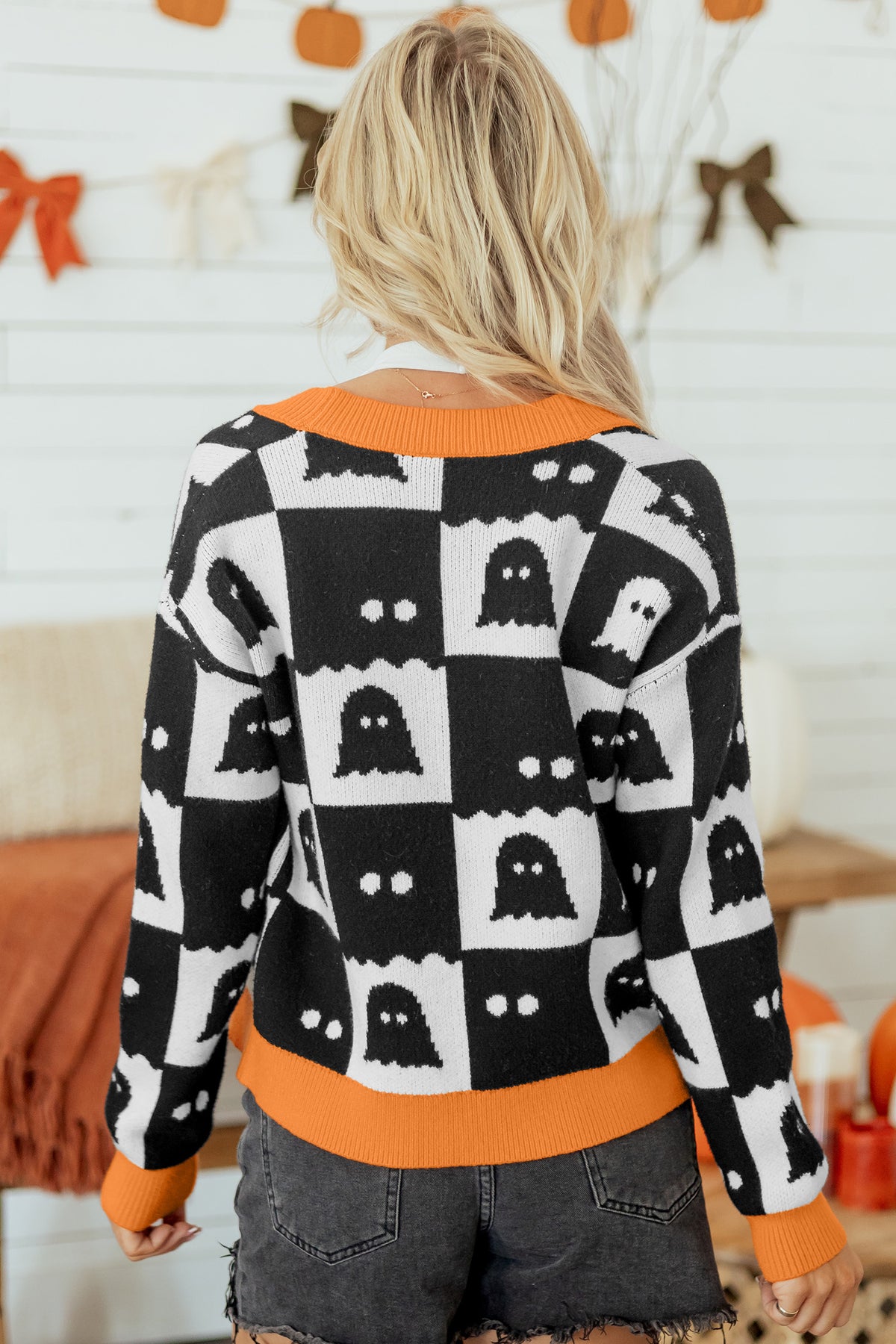 Black Geometric Ghost Print Drop Shoulder Knit Cardigan - product photo 7