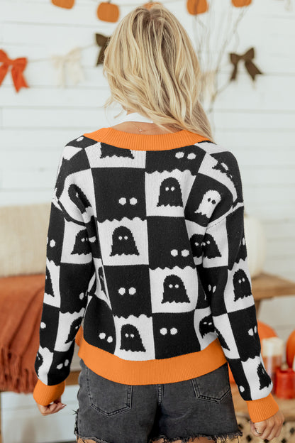 Black Geometric Ghost Print Drop Shoulder Knit Cardigan - product photo 7