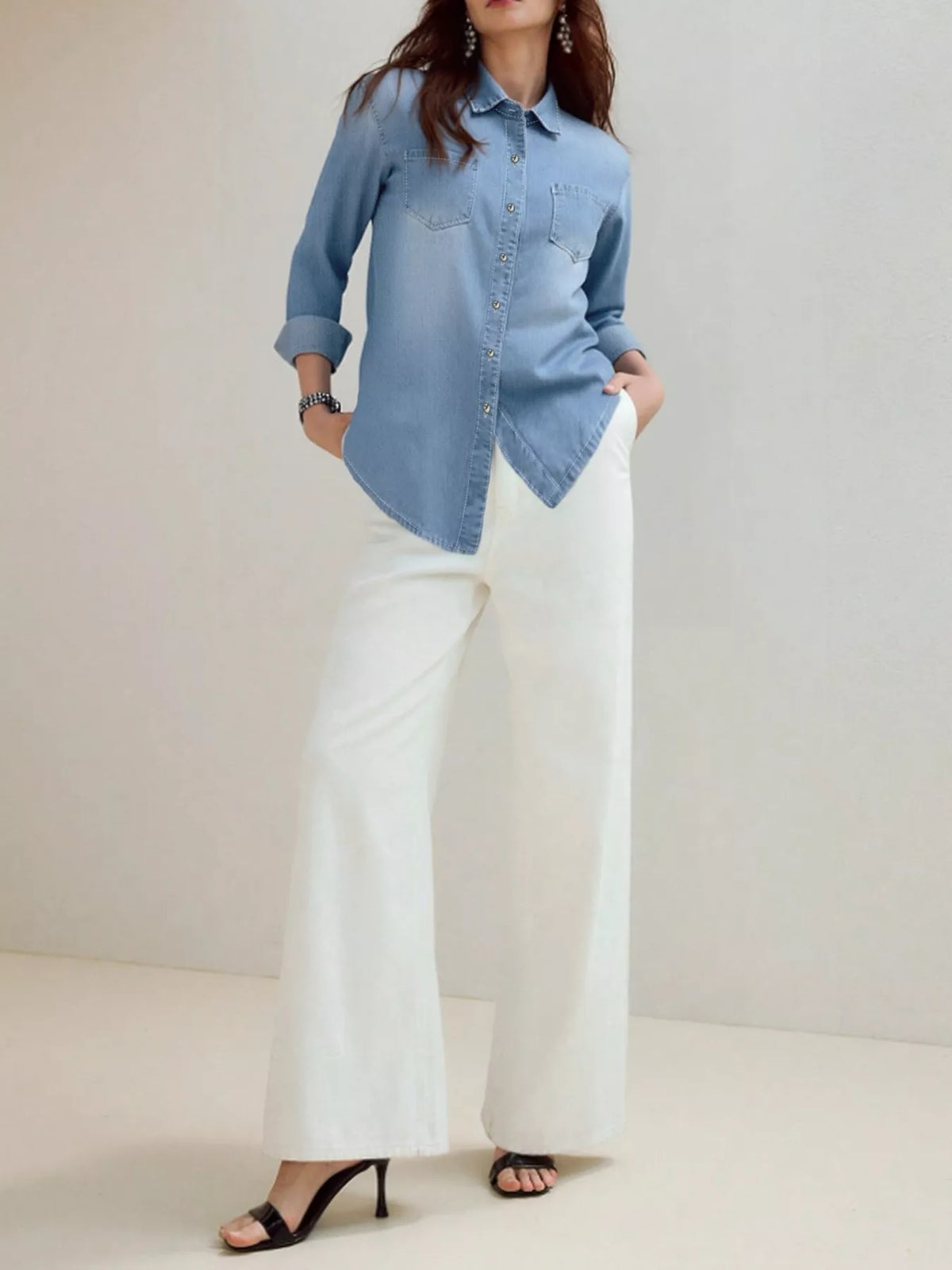 Full Size Button-Up Long Sleeve Denim Shirt Plus Size - Blue - View 5
