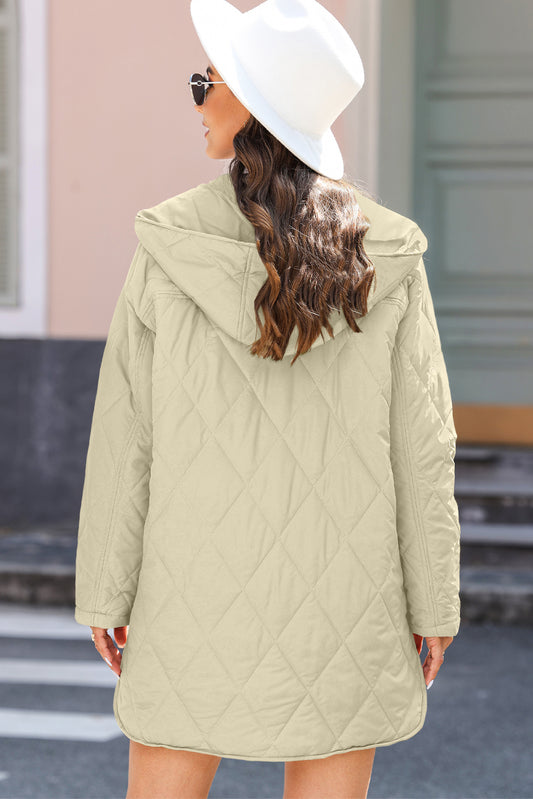 Beige Quilted Snap Button Hooded Coat - Beige - 2