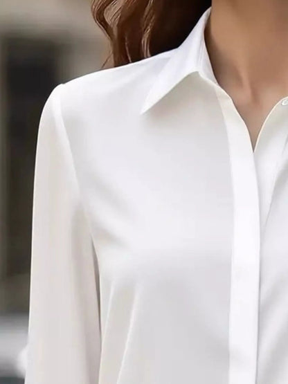 Button Down Collared Neck Long Sleeve Shirt - White - View 2