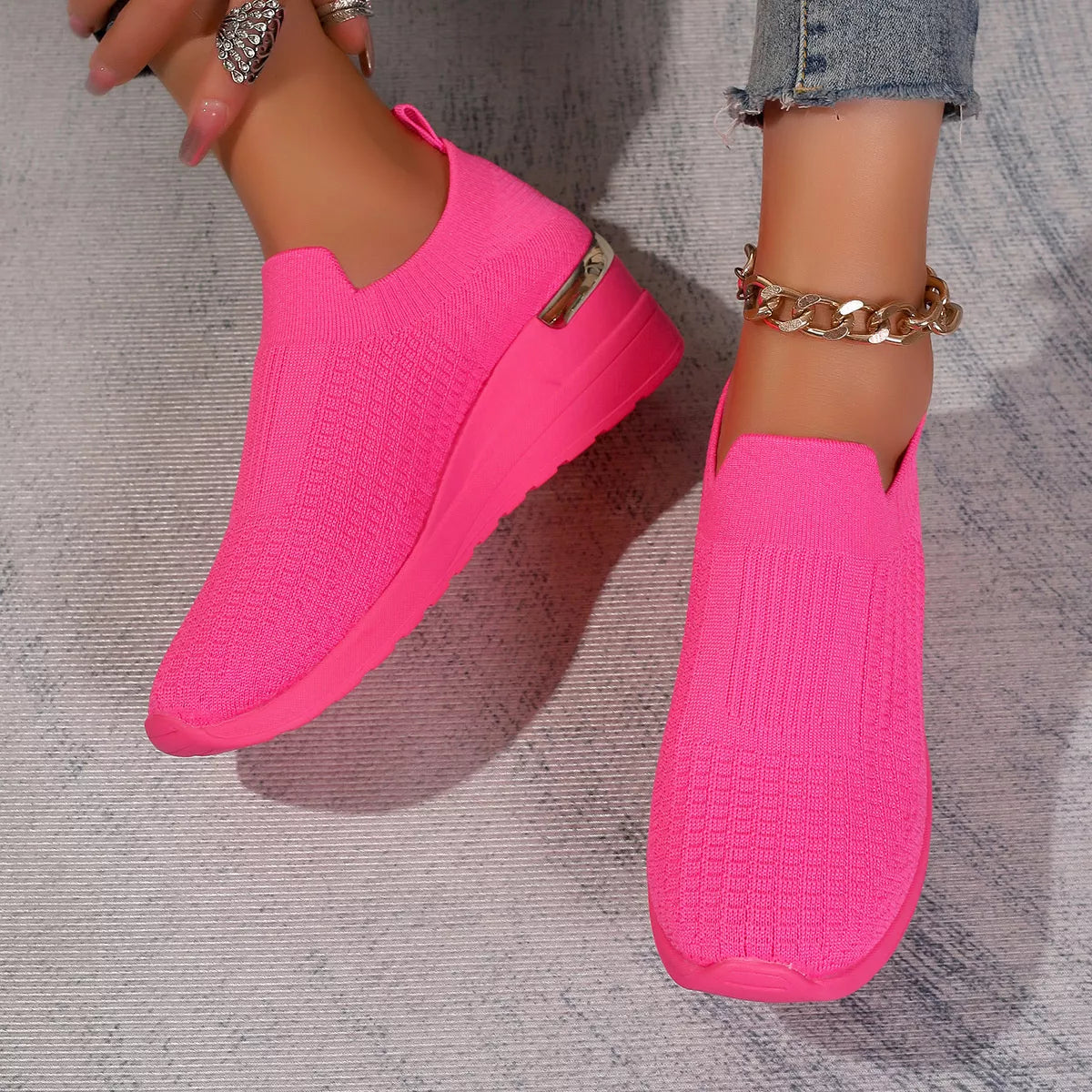 Mesh Round Toe Wedge Athletic Sneakers - Rose Red - View 10