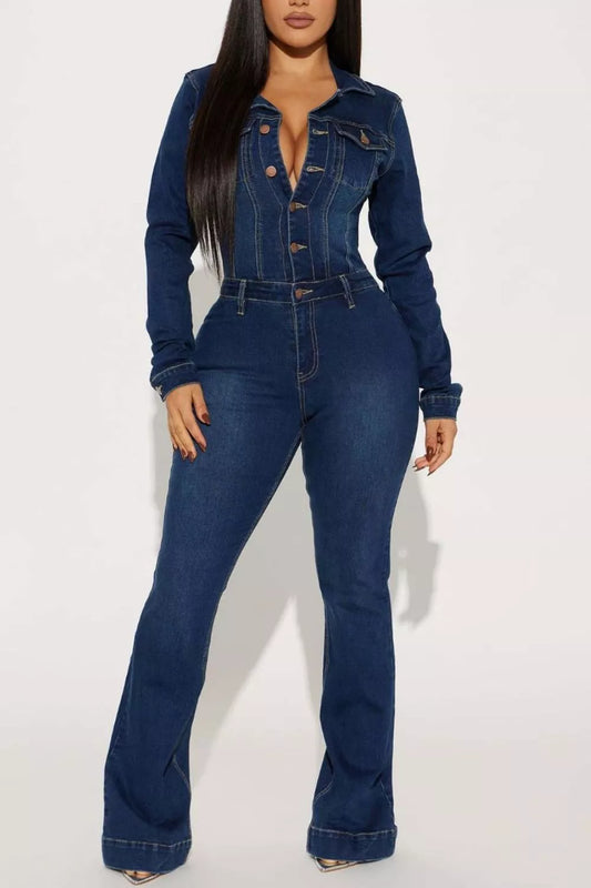 Slim-Fit Long Sleeve Denim Jumpsuit with Flared Legs - Dark Blue - View 1