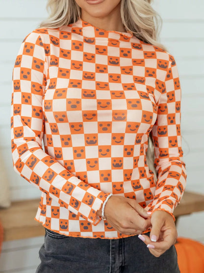 Abstract Halloween Pattern Long Sleeve Mock Neck Blouse - Sherbet - View 1