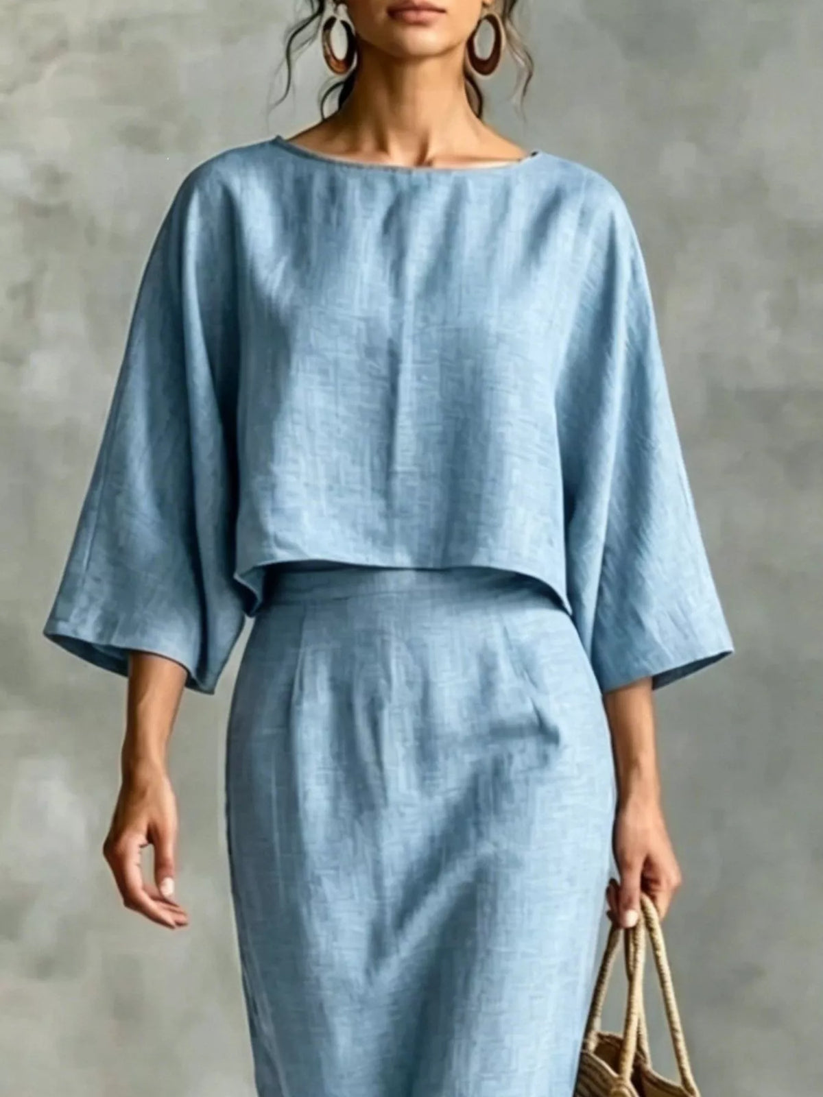 Full Size Solid Color Cropped Top and Midi Skirt Set Plus Size - Sky Blue - View 2