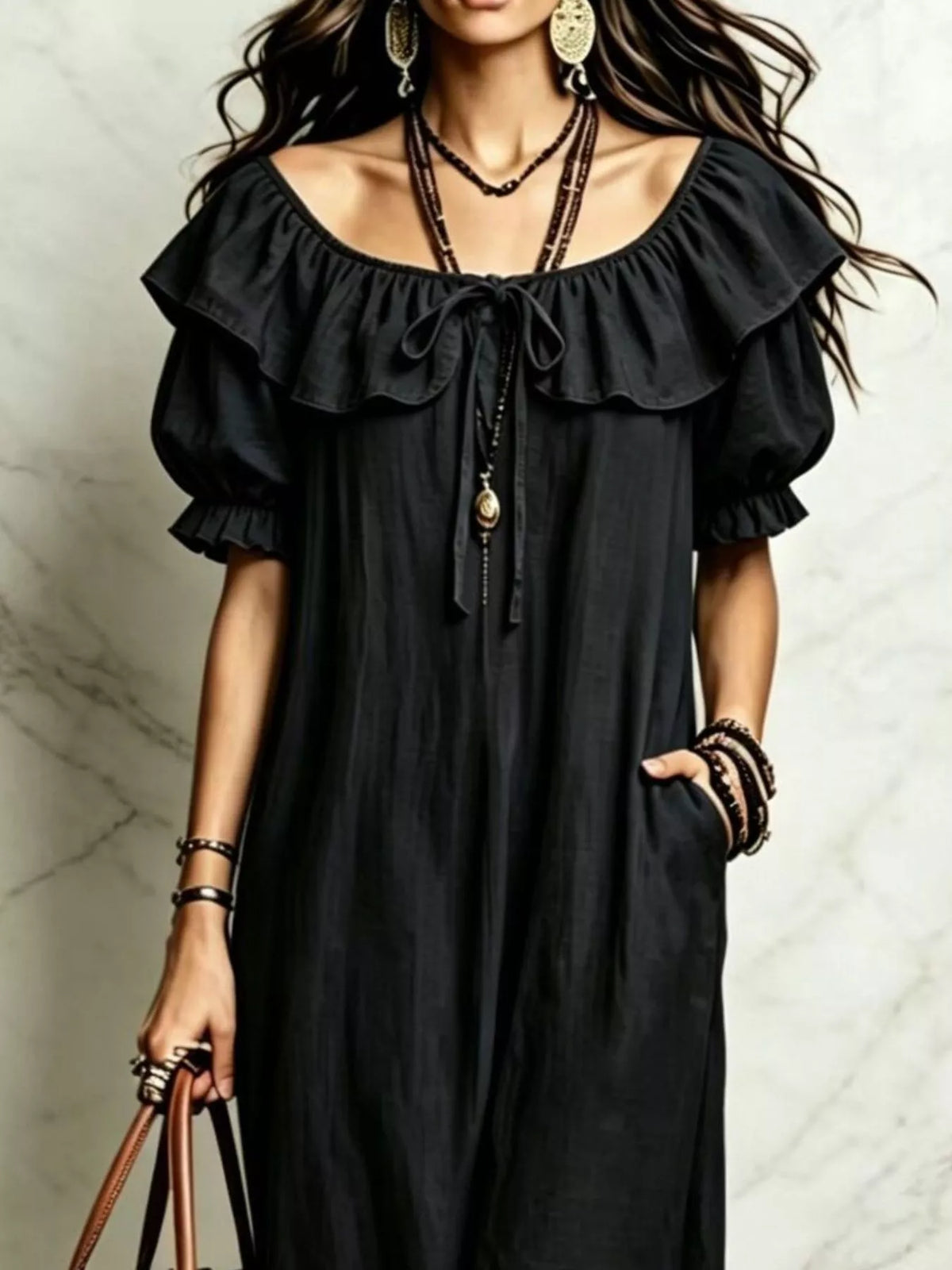 Ruffle Trim Puff Sleeve Maxi Dress - Black - View 2