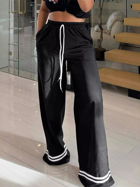 Wide-Leg Drawstring Pants with Striped Hem - All Colors - View 1
