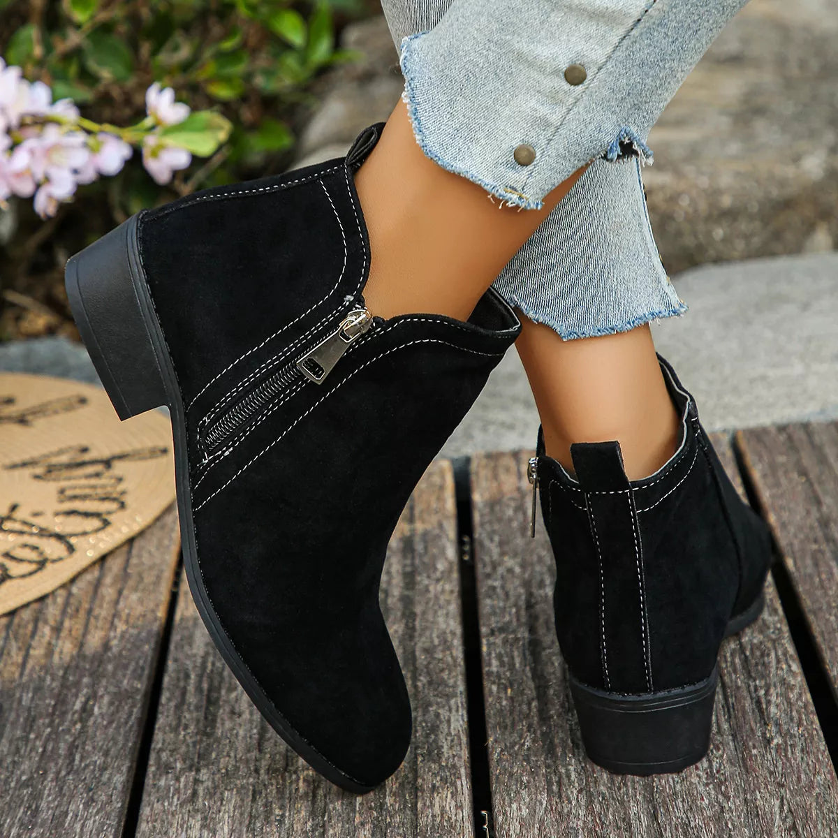 Point Toe Block Heels Boots - Black - View 9