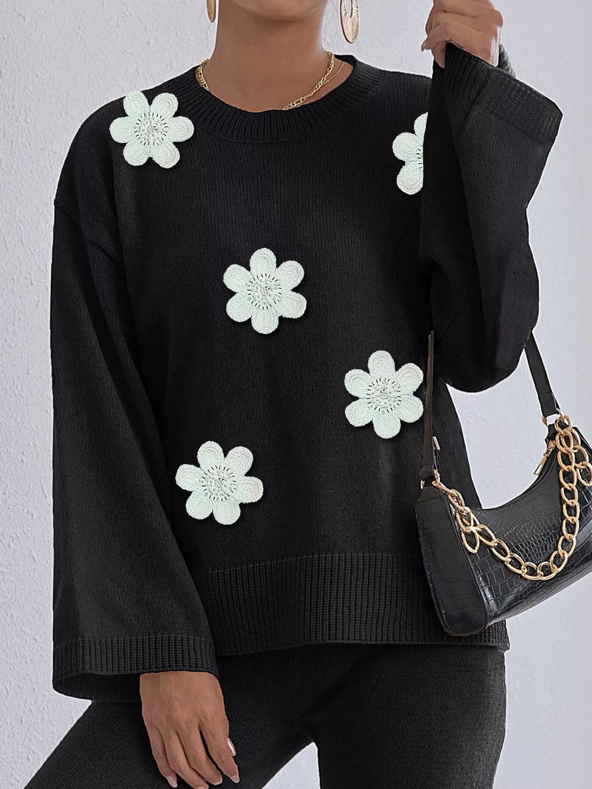 Floral Applique Crew Neck Sweater - Black - View 3