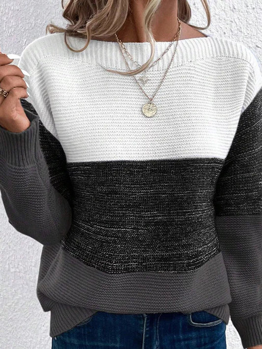 Full Size Color-Block Boat Neck Sweater Plus Size - Black And White - View 1