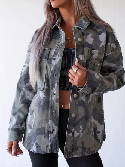 Oversized Camouflage Print Button Up Denim Jacket - Olive Green - View 3