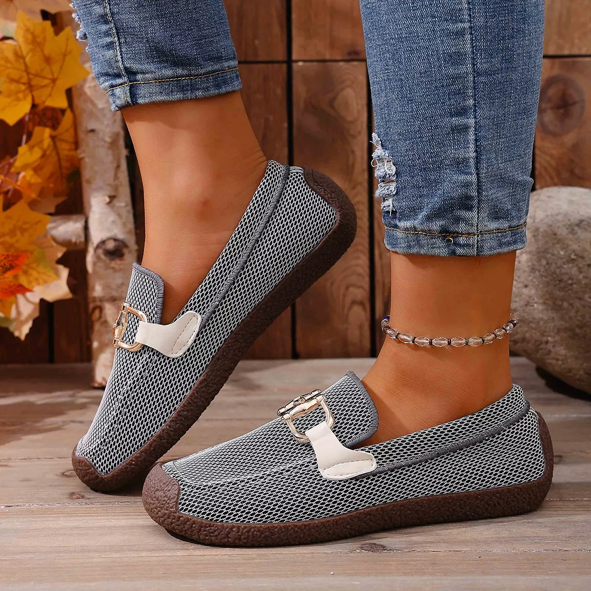 Round Toe Flat Slip-Ons - Black Gray - View 4