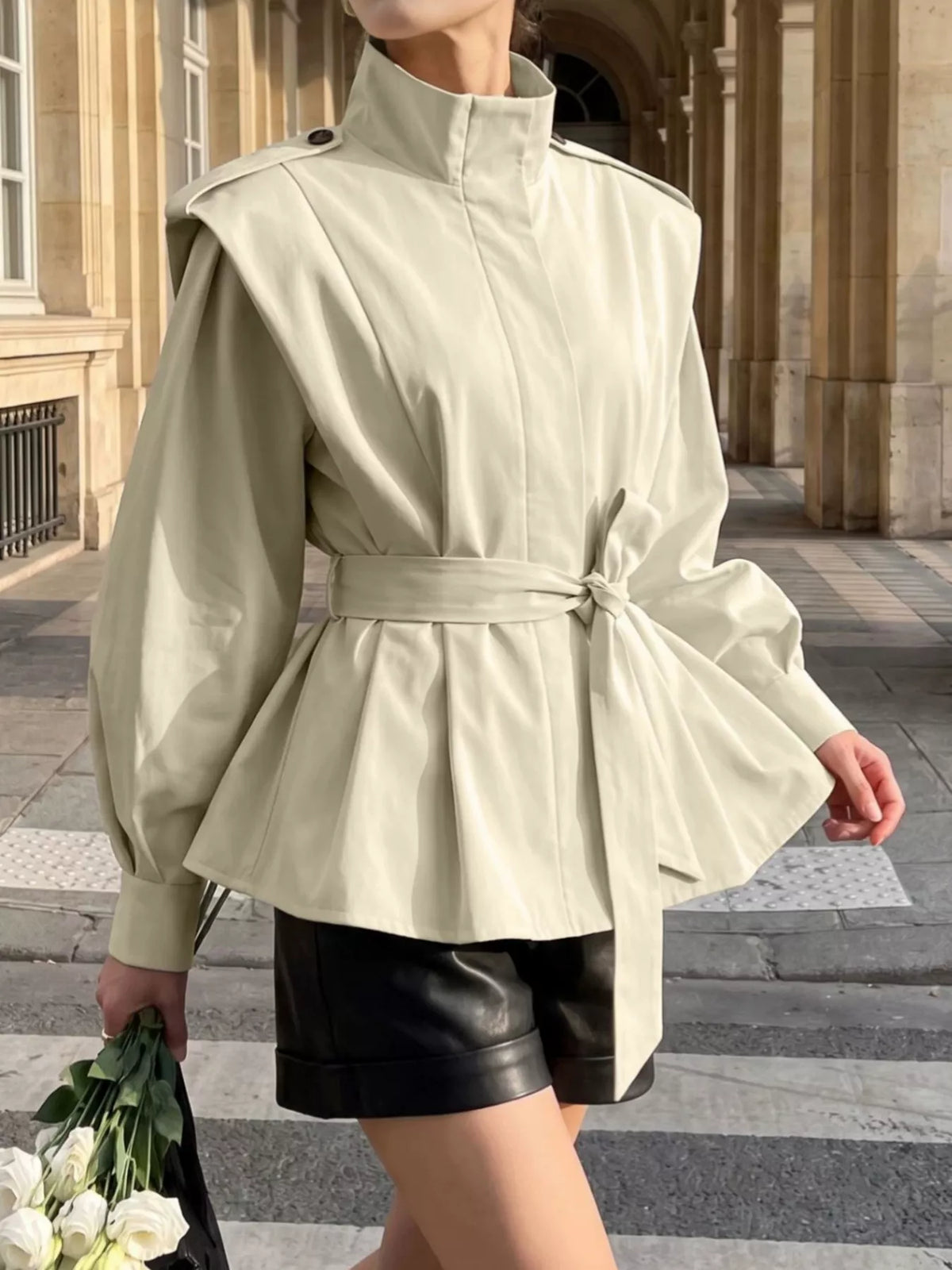 Stand-Collar Belted Outerwear - Beige - View 4