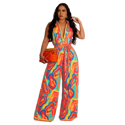 Printed sleeveless V-neck wide leg jumpsuit for women