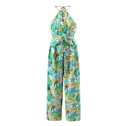New Women's Tropical Print Long Jumpsuit
