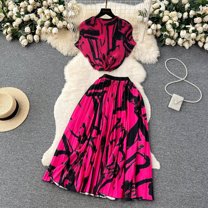 [EWQ] Elegant Short sleeved women's shirt+high waisted pleated skirt trend  2-piece set Summer vacation party clothing
