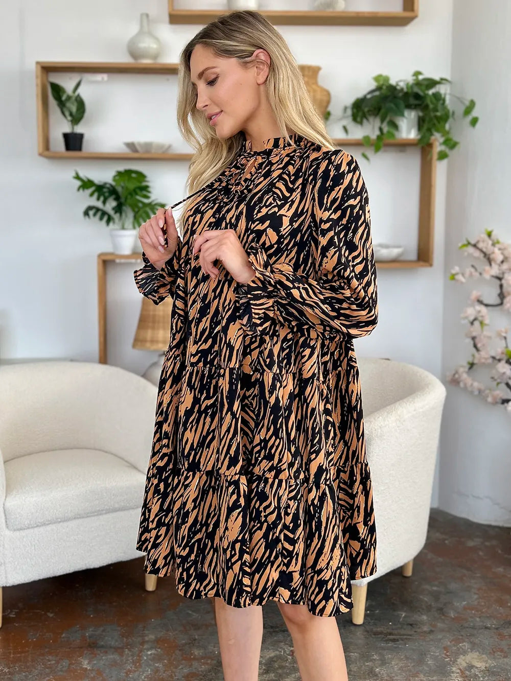 Double Take Full Size Printed Ruffle Hem Long Sleeve Dress Plus Size - Caramel - View 16