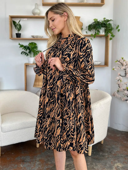Double Take Full Size Printed Ruffle Hem Long Sleeve Dress Plus Size - Caramel - View 16