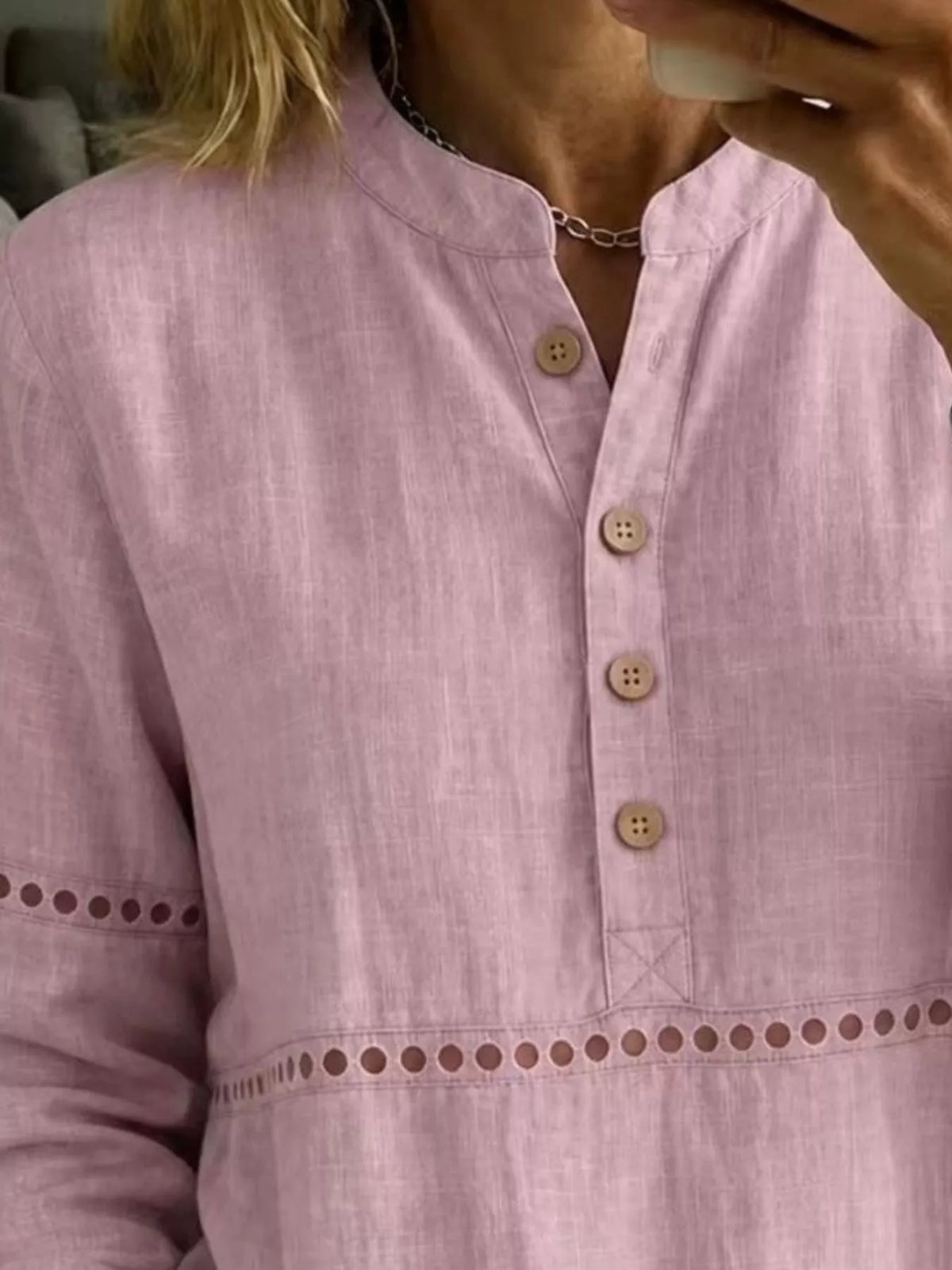 Full Size Button Detail Eyelet Long Sleeve Blouse Plus Size - Pink - View 2