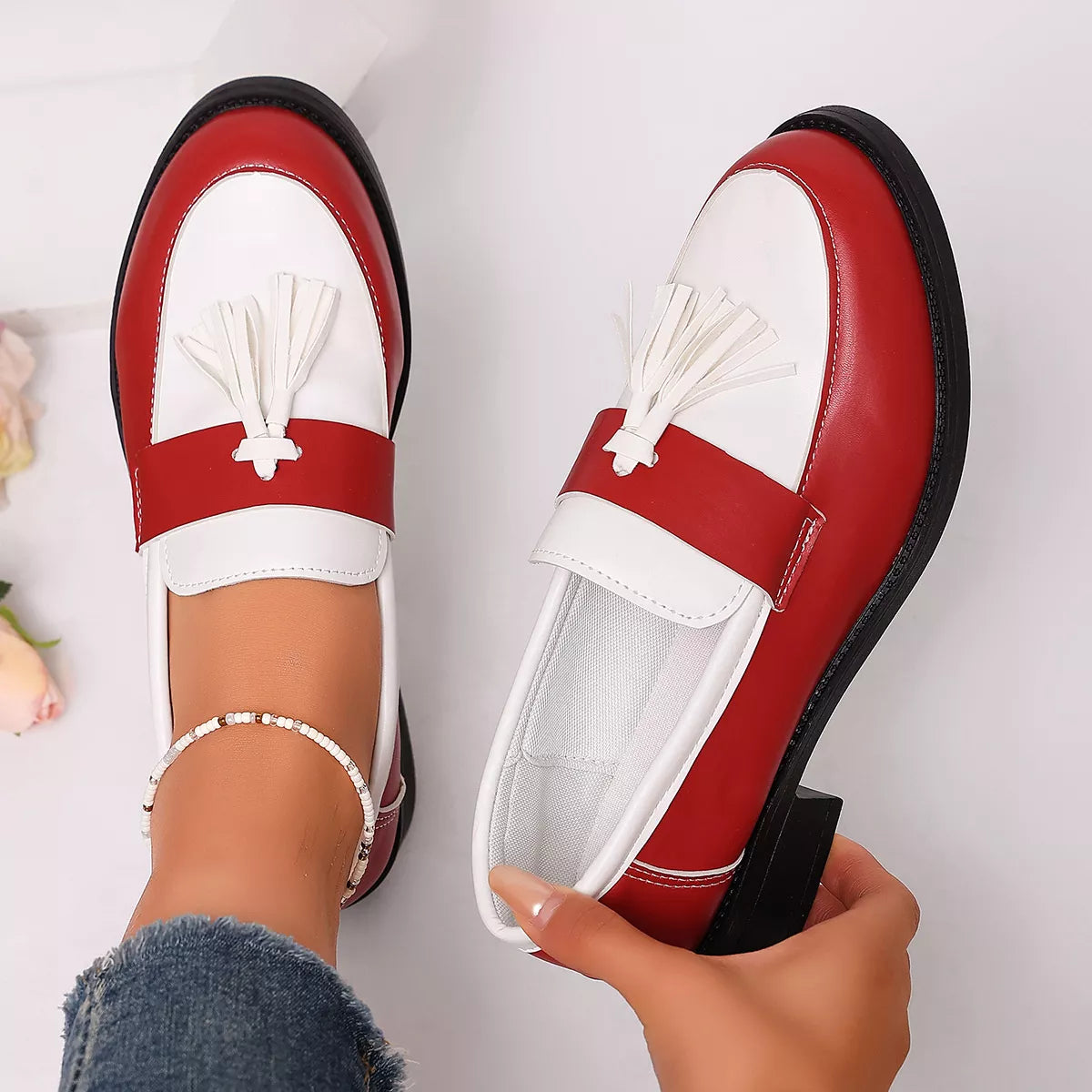 Round Toe Block Heels Loafers - Red - View 9