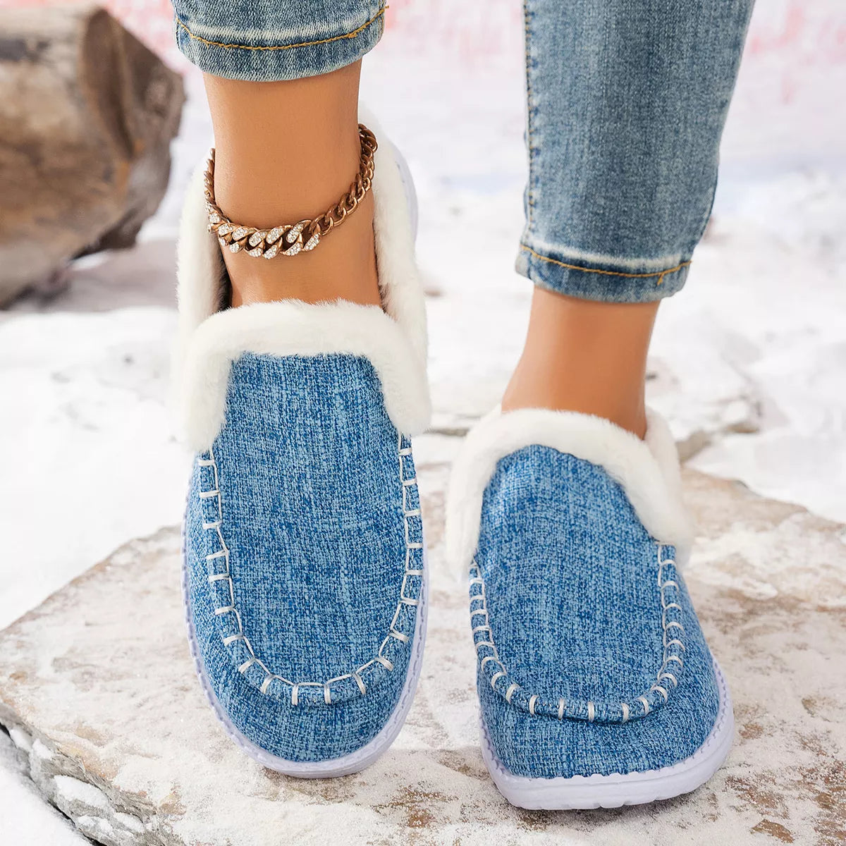Faux Fur Lined Round Toe Shoes - Light Blue - View 1