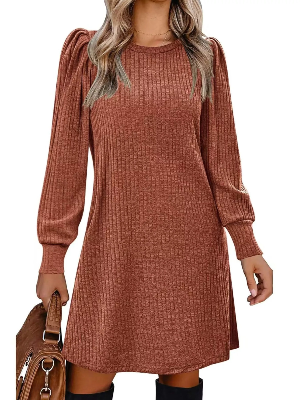 Puff Sleeve Ribbed Knit Dress with Pockets - Caramel - View 2