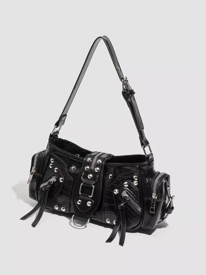 Rivet Embellished Shoulder Bag - Black - View 2