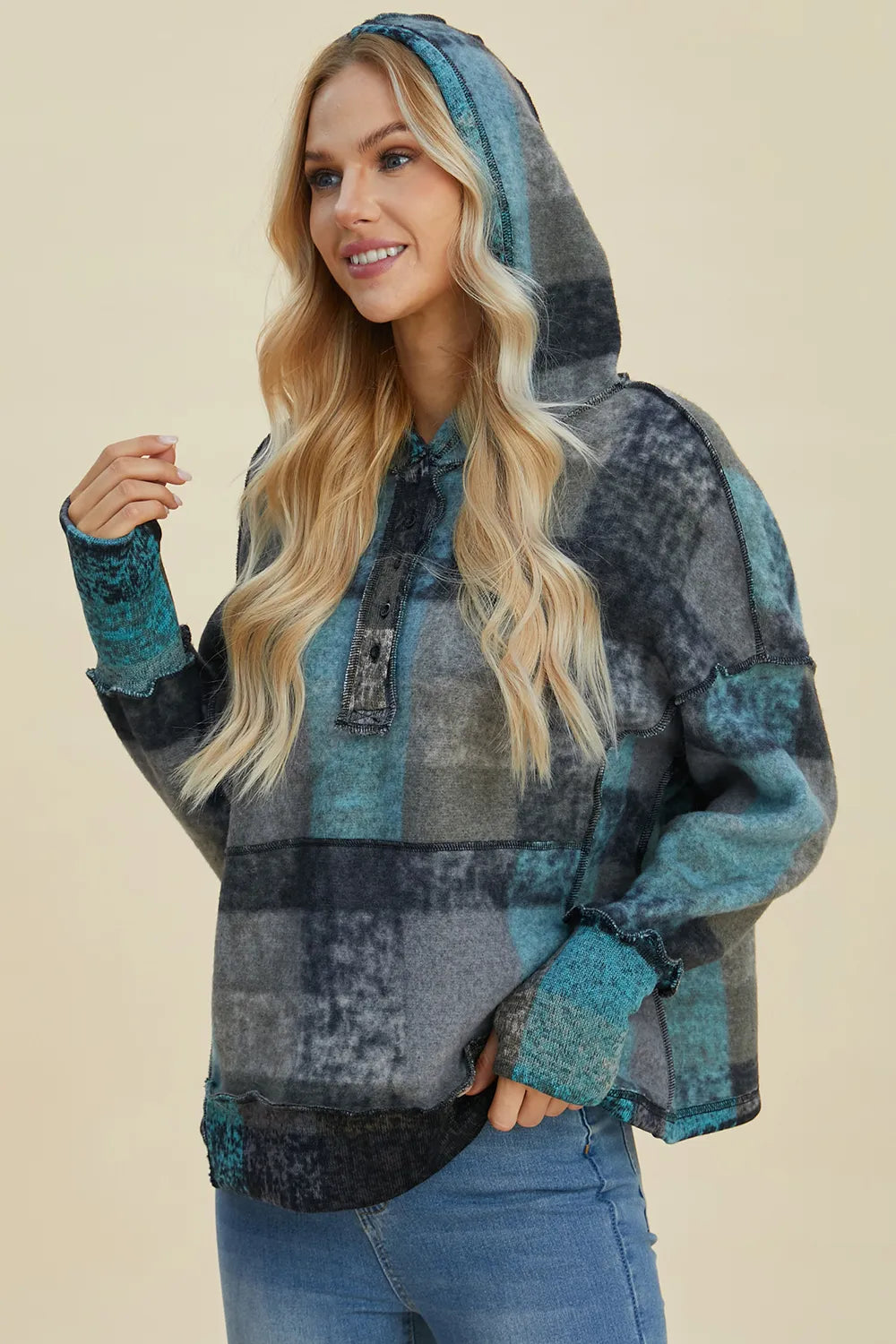 Double Take Full Size Plaid Dropped Shoulder Fleece Hoodie Plus Size - Dark Gray - View 4