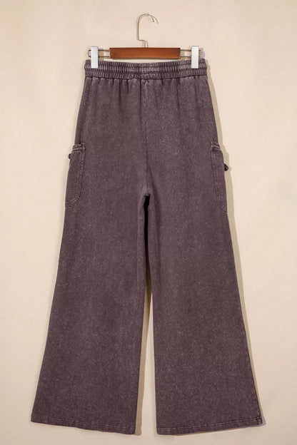 Mineral Wash Elastic Waist Drawstring Tie Detail Cargo Pants - Dark Brown - View 4