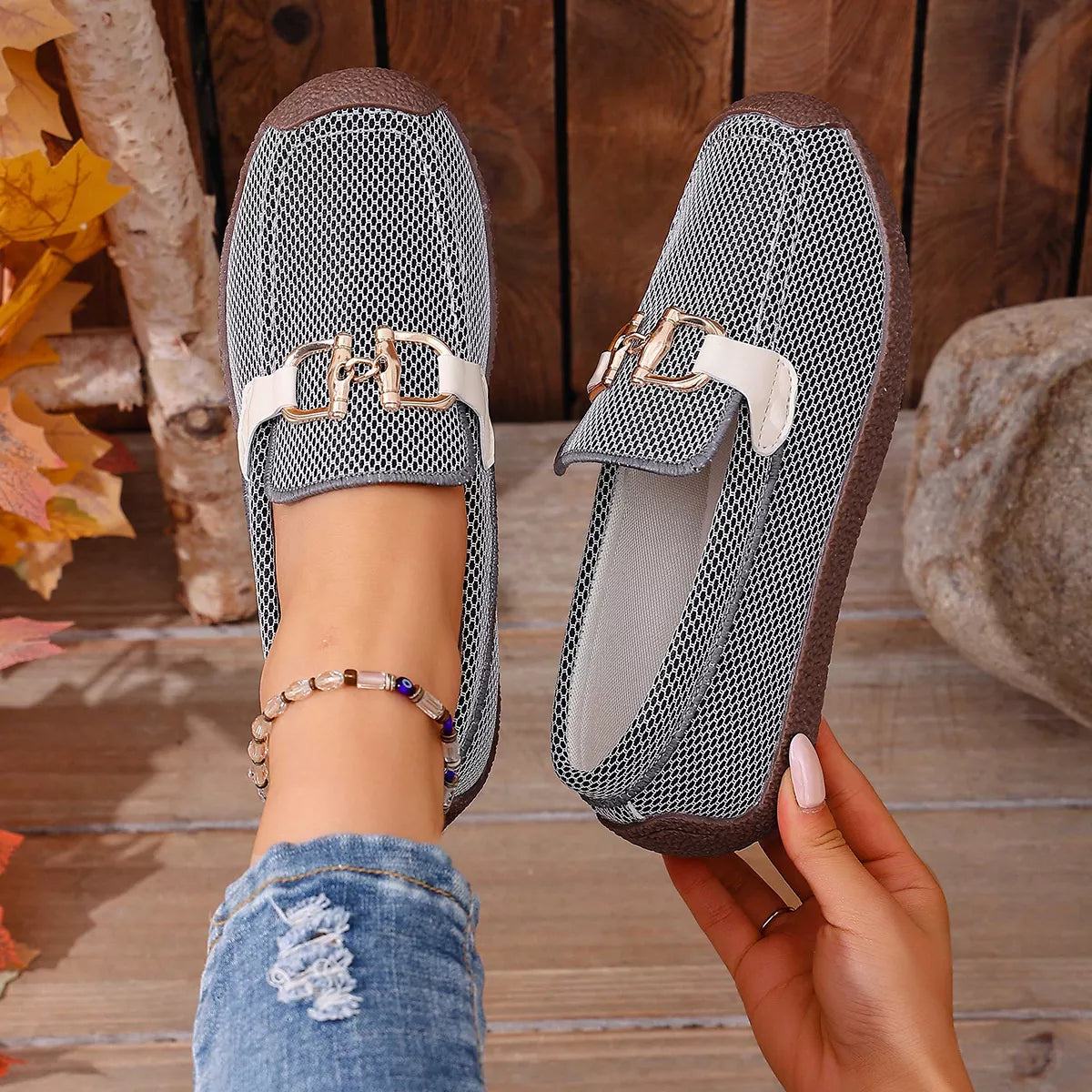 Round Toe Flat Slip-Ons - Black Gray - View 2