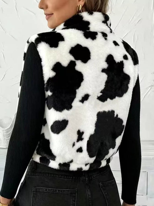 Animal Print Zip Up Vest Coat - White - View 2