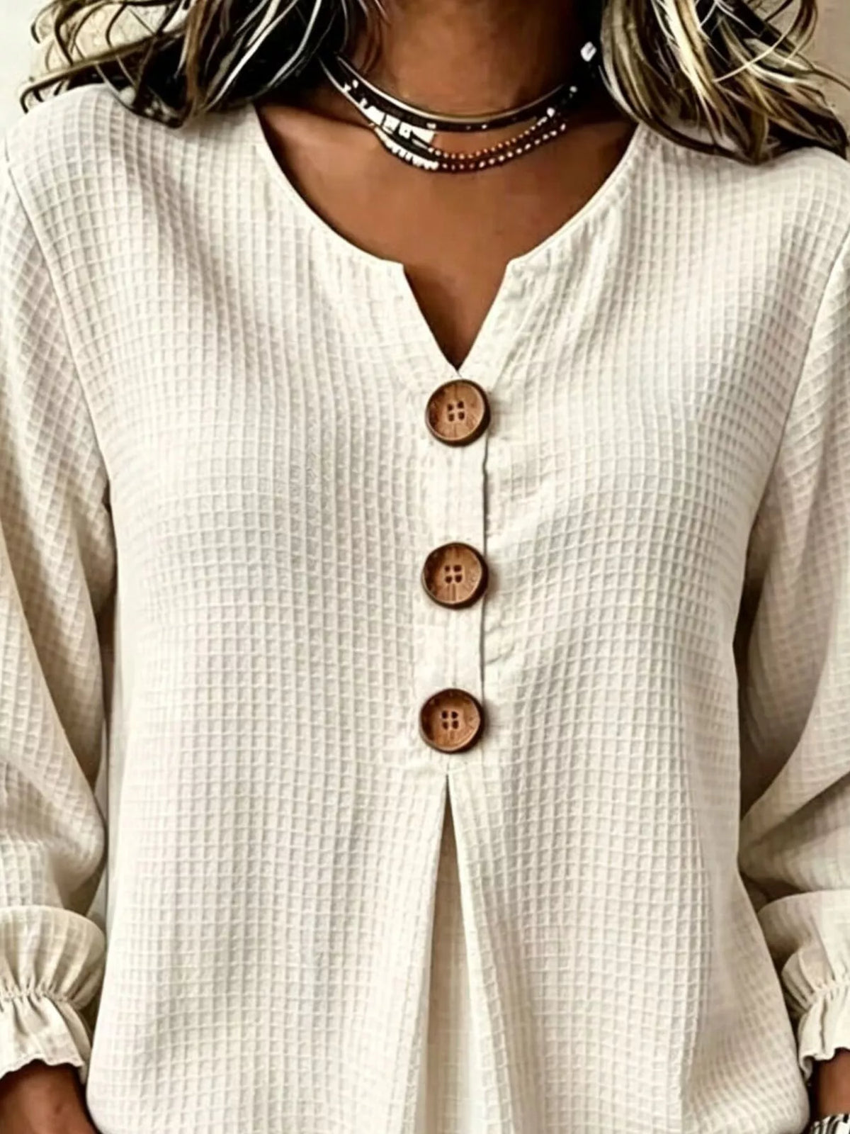 Waffle Knit Long Sleeve Top - Beige - View 6