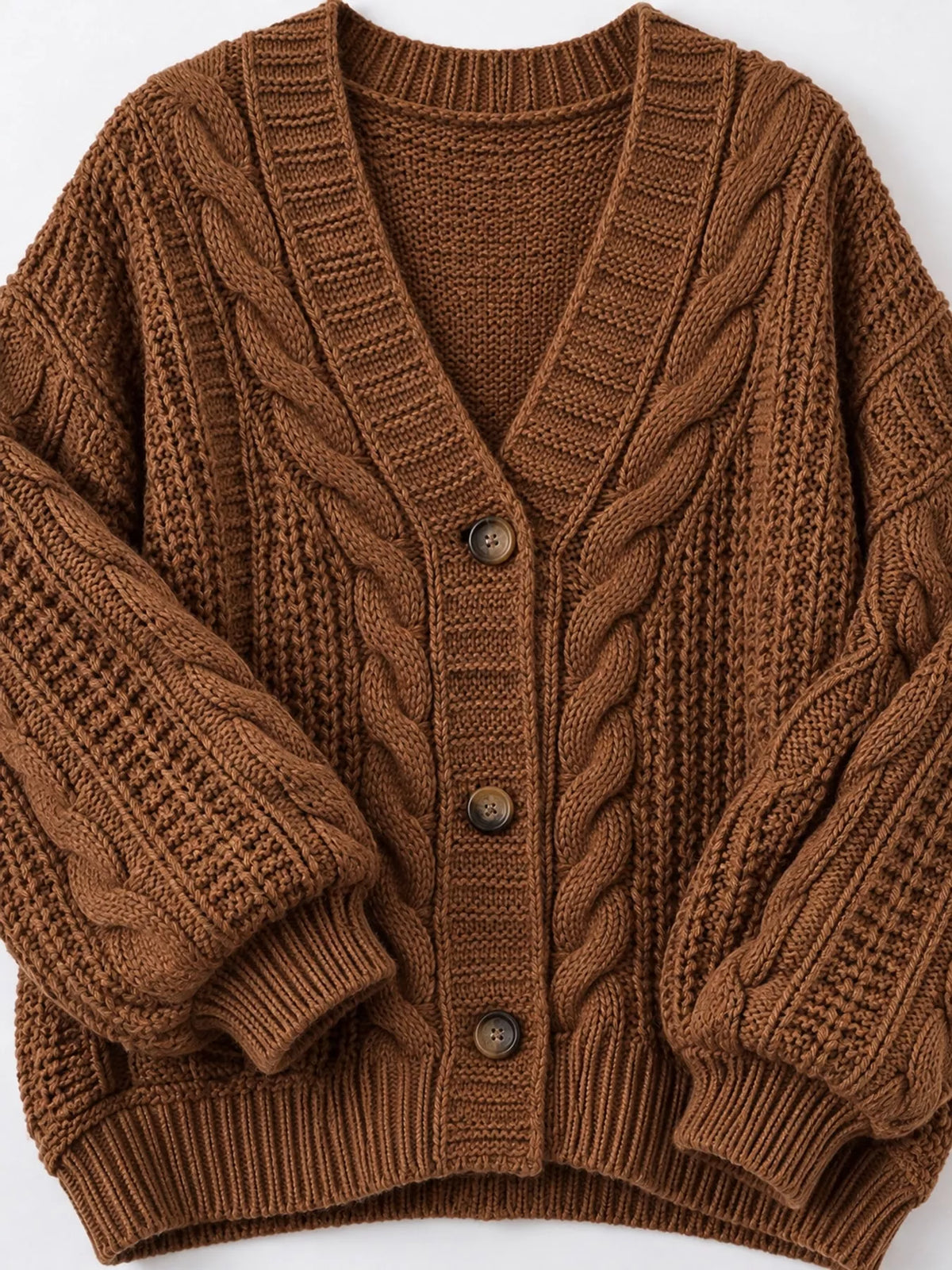 Cable Knit Button-Down Cardigan - Dark Brown - View 5