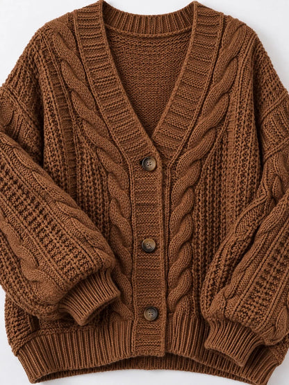 Cable Knit Button-Down Cardigan - Dark Brown - View 5