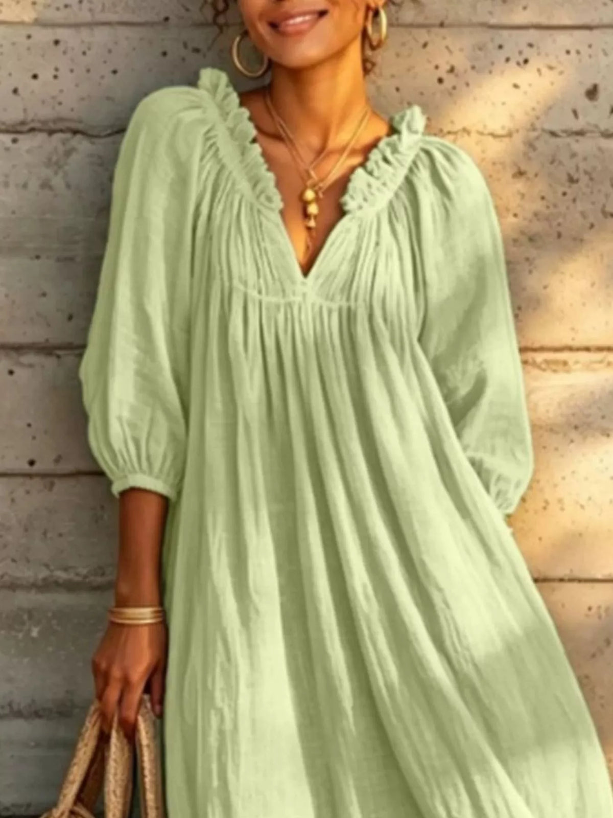 Tiered Notched 3/4 Sleeve Maxi Dress - Light Green - View 2
