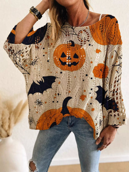 Full Size Halloween Pumpkin Loose Knit Cover Up Plus Size - Khaki - View 1
