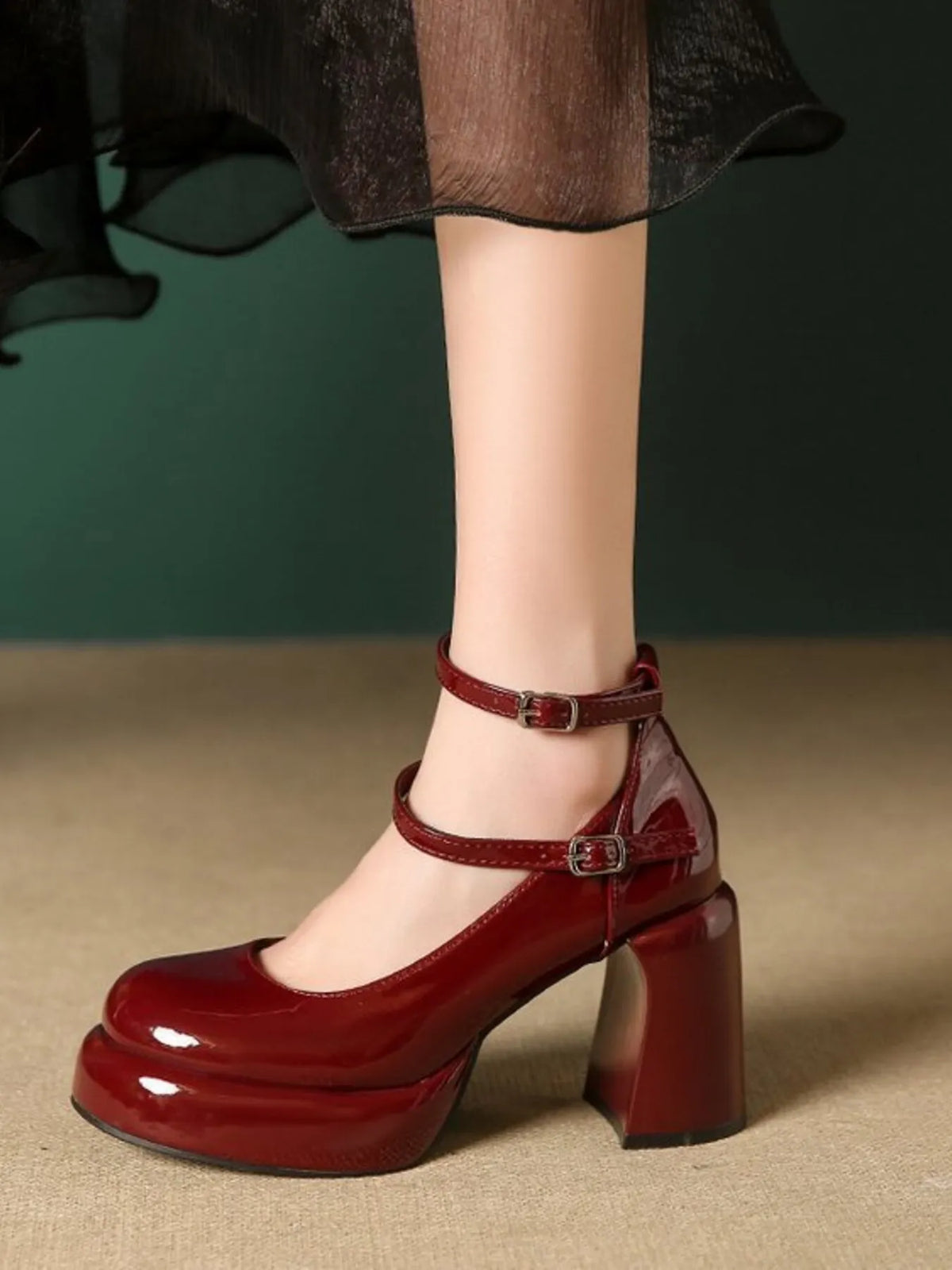 Patent Leather Mary Jane Platform Pumps - Burgundy - View 10