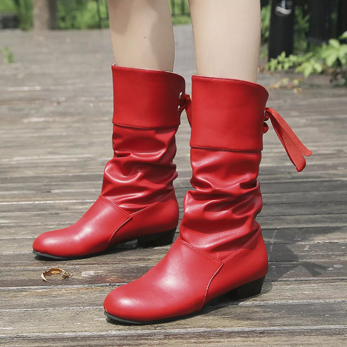 Round Toe Block Heels Boots - Red - View 5