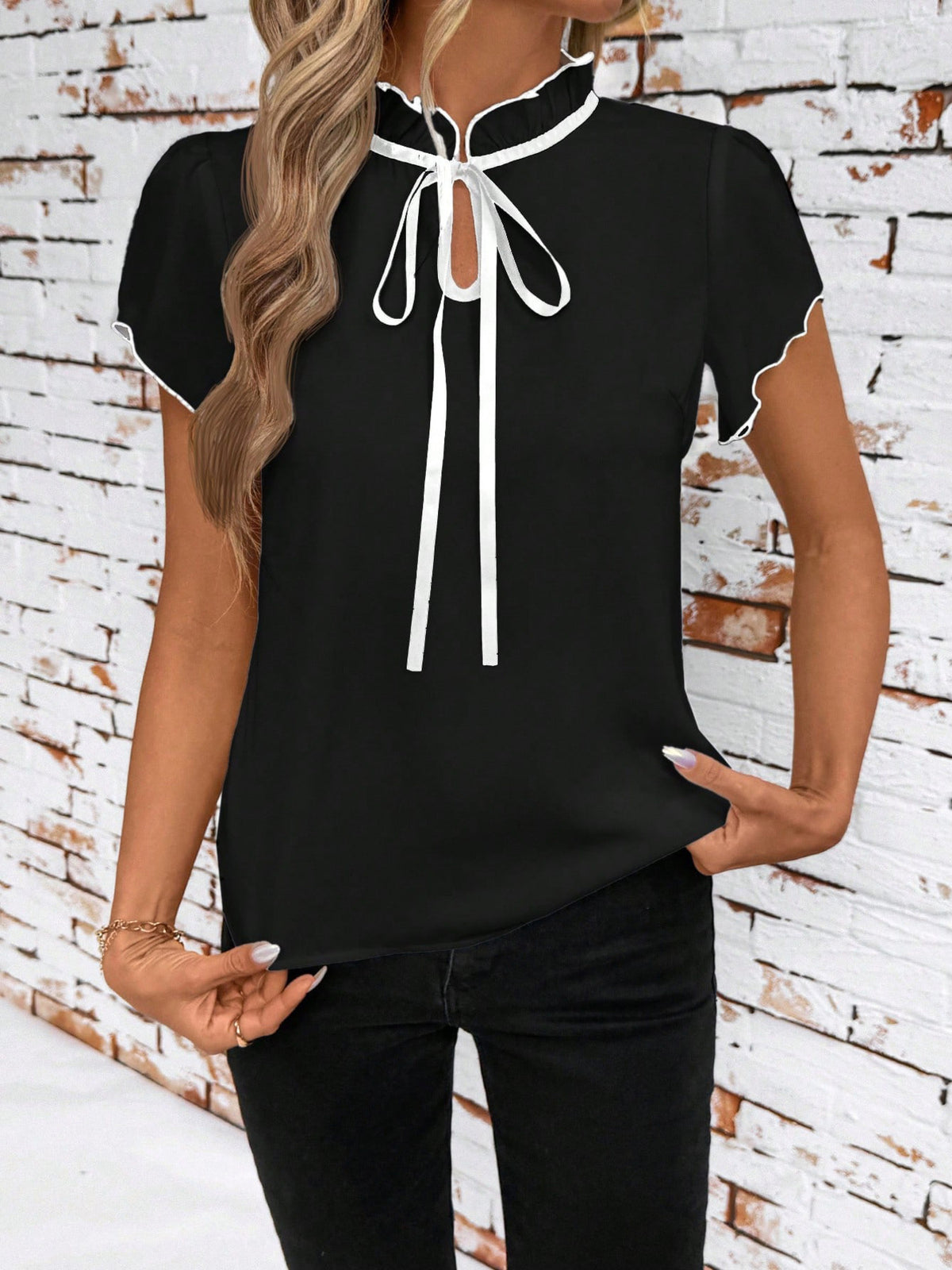 Tie Neck Short Sleeve Blouse - Black - View 14
