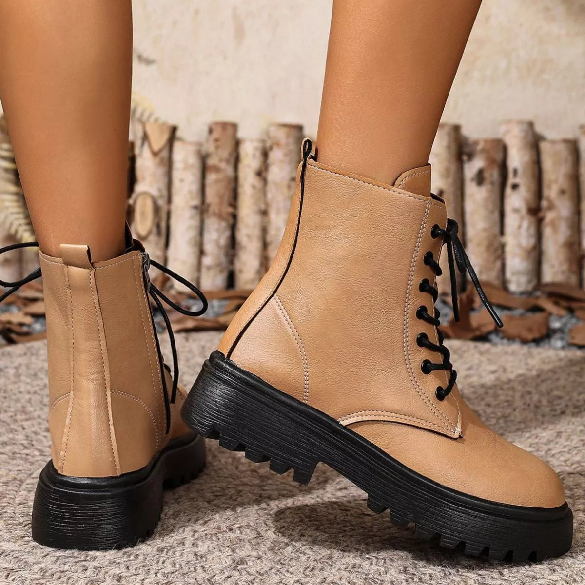 Round Toe Block Heels Boots - Khaki - View 17