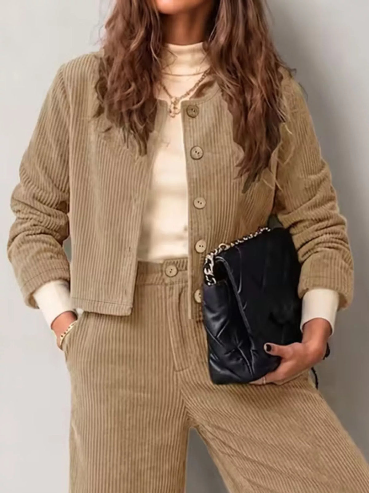 Full Size Corduroy Button-Down Jacket and Wide-Leg Pants Two-Piece Set Plus Size - Khaki - View 8