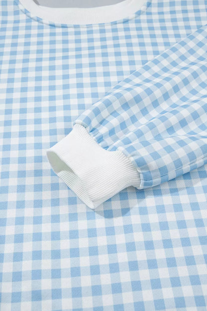 Gingham Long Sleeve Sweatshirt and Shorts Set - Light Blue - View 8
