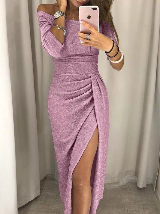 Full Size Off-Shoulder Ruched Slit Midi Dress Plus Size - Pink - View 1