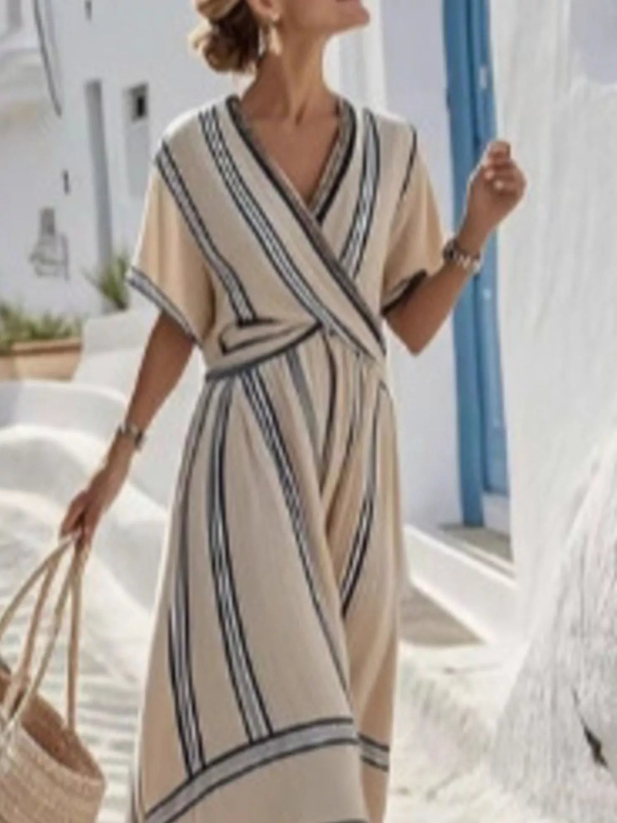 Full Size Striped Surplice Half Sleeve Midi Dress Plus Size - Beige - View 2