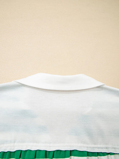 Stripe Colorblock Collared V Neck Cropped Top - Green - View 7