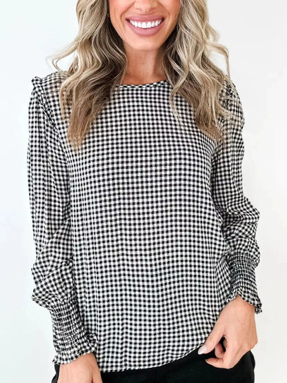 Plaid Shirred Cuff Long Sleeve Round Neck Blouse - Black - View 2
