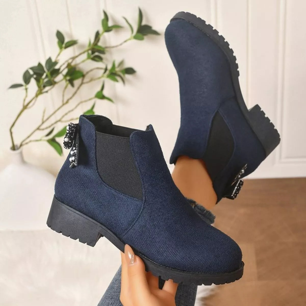Round Toe Block Heels Boots - Navy - View 13