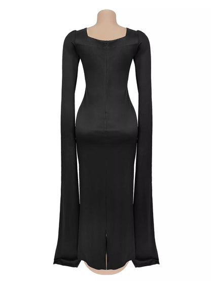 Rhinestone Square Neck Slit Sleeve Maxi Dress - Black - View 4