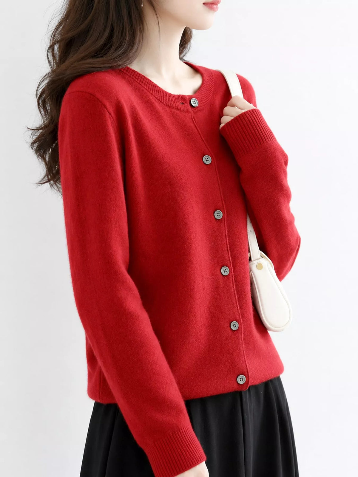 Crew-Neck Button-Down Cardigan - Burgundy - View 31